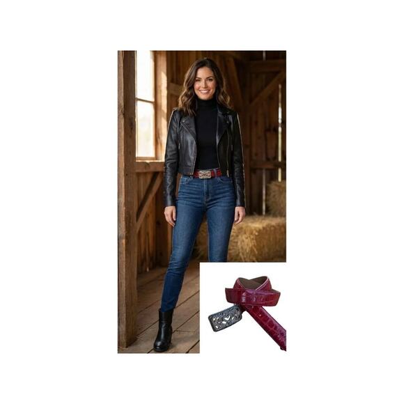 Brighton Red Patent Croc Leather Belt – Rhinestone Heart Buckle – Size 32 - Picture 11 of 11